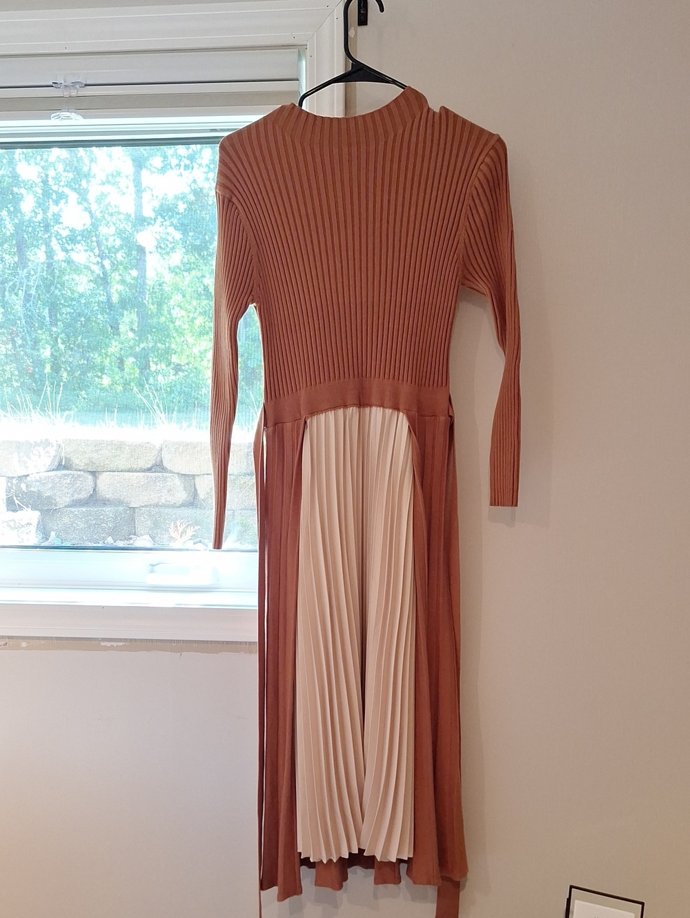 Chicwish Rust and Cream Ribbed Knit Midi Dress with Pleated Contrast